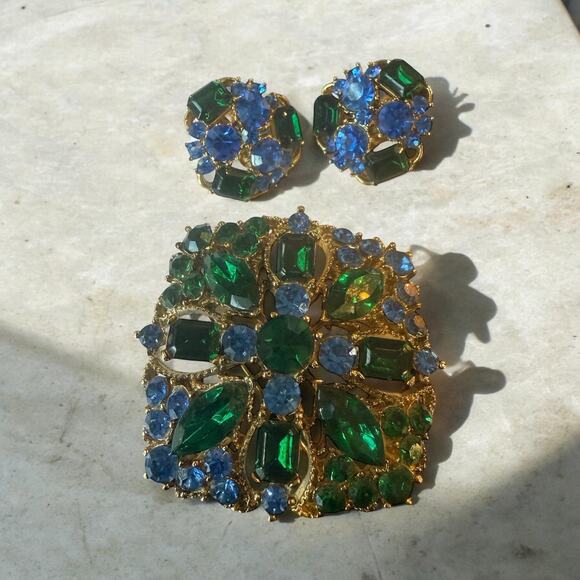 Vintage Topaz & Emerald Rhinestone Costume Jewelry Set - Picture 1 of 9